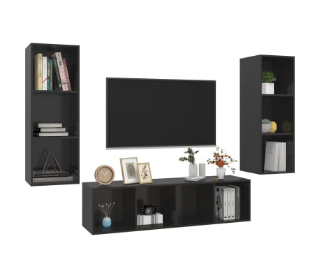 vidaXL Ensemble de meubles TV 3 pcs Noir brillant Bois d'ingénierie