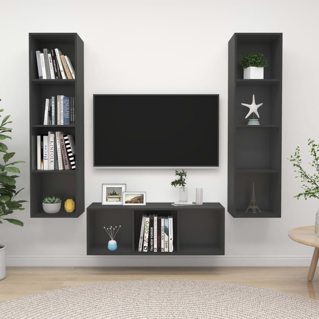 vidaXL Set dulap TV, 3 piese, gri, PAL vidaxl.ro