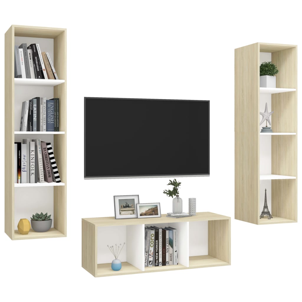 3-delige Tv-meubelset spaanplaat wit en sonoma eikenkleurig