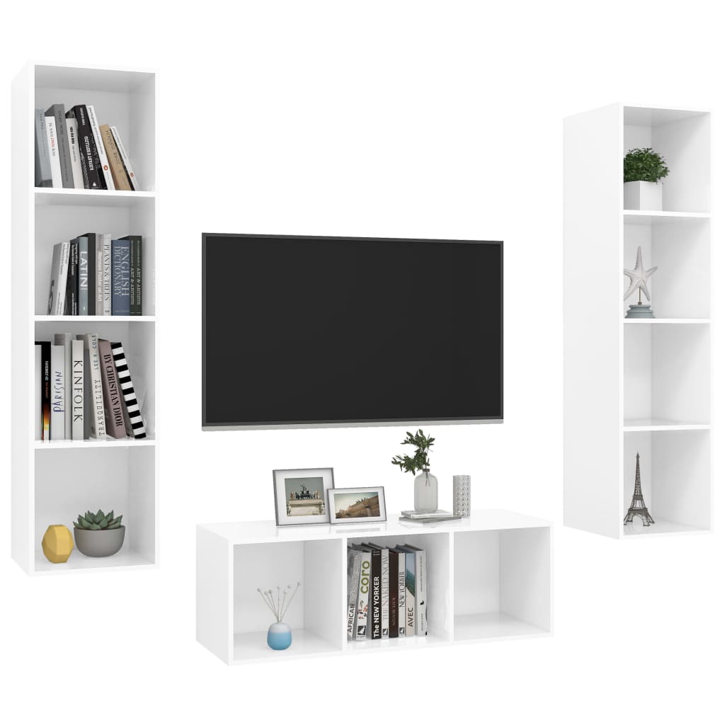 vidaXL 3 Piece TV Cabinet Set High Gloss White Chipboard