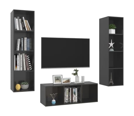 vidaXL 3 pcs conjunto m&oacute;veis de TV derivados madeira cinza brilhante