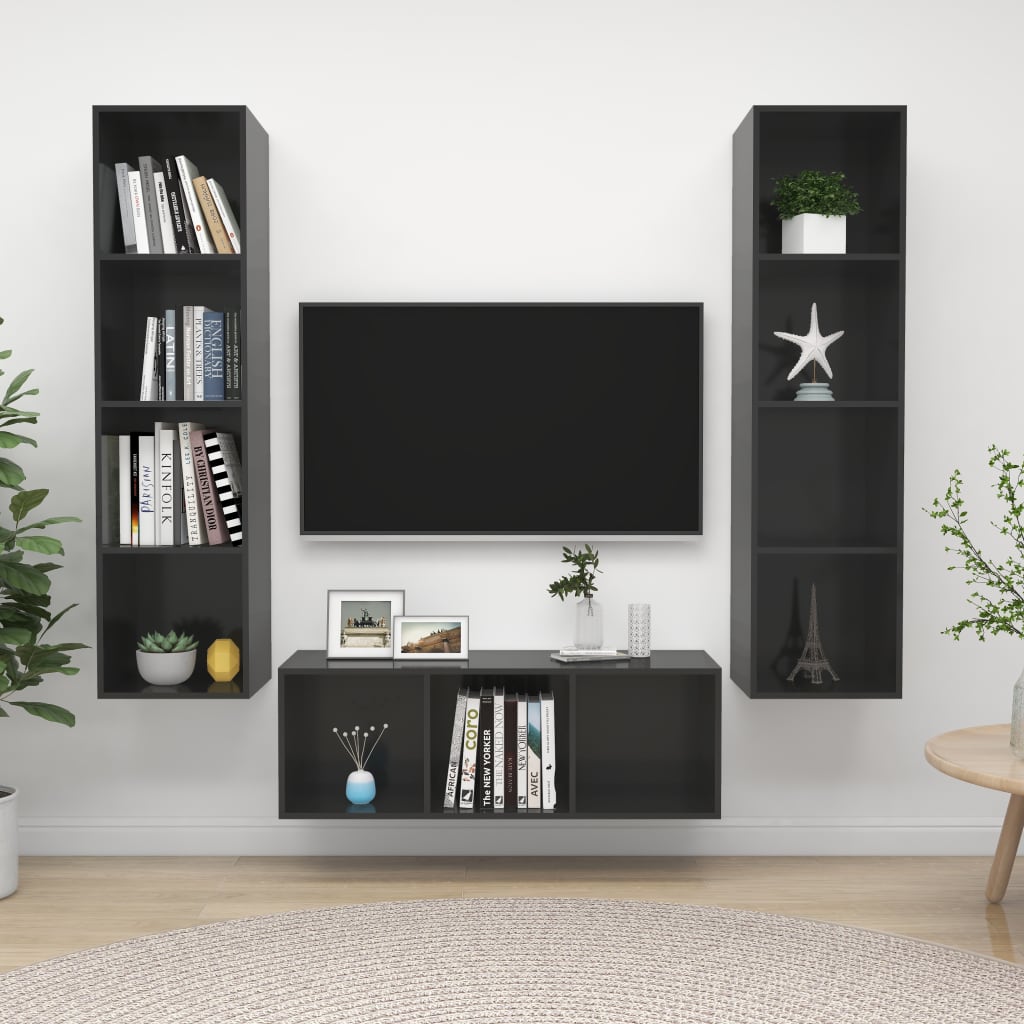 vida XL 3-tlg. TV-Schrank-Set Hochglanz-Grau Holzwerkstoff