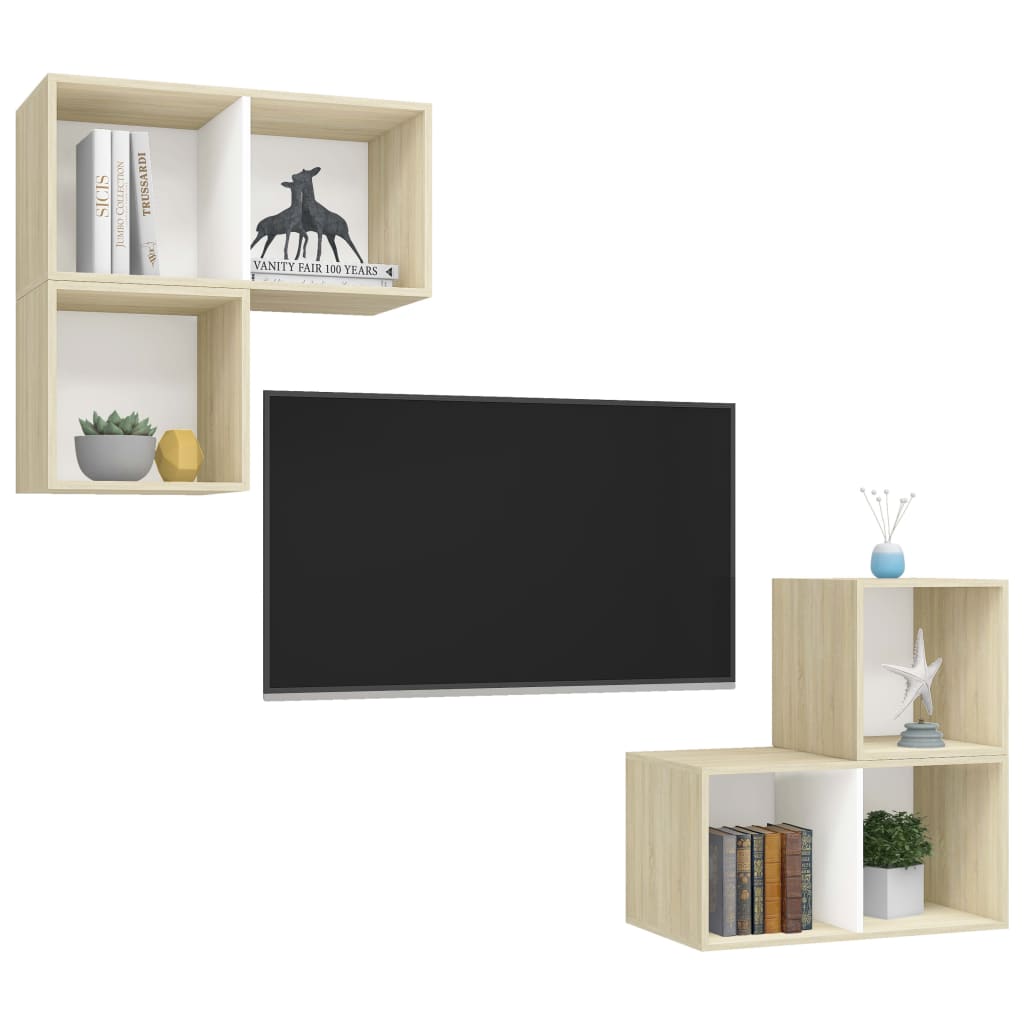 4-delige Tv-meubelset spaanplaat wit en sonoma eikenkleurig
