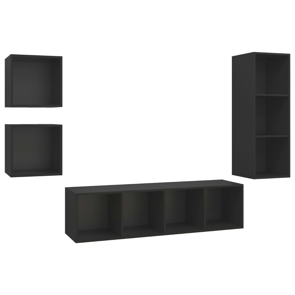 Set de dulapuri TV, 4 piese, negru, lemn prelucrat