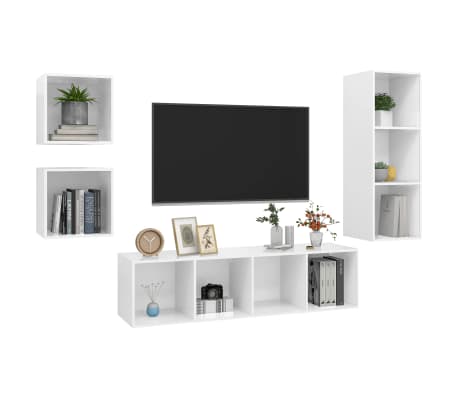 vidaXL TV-benksett 4 deler h&oslash;yglans hvit konstruert tre