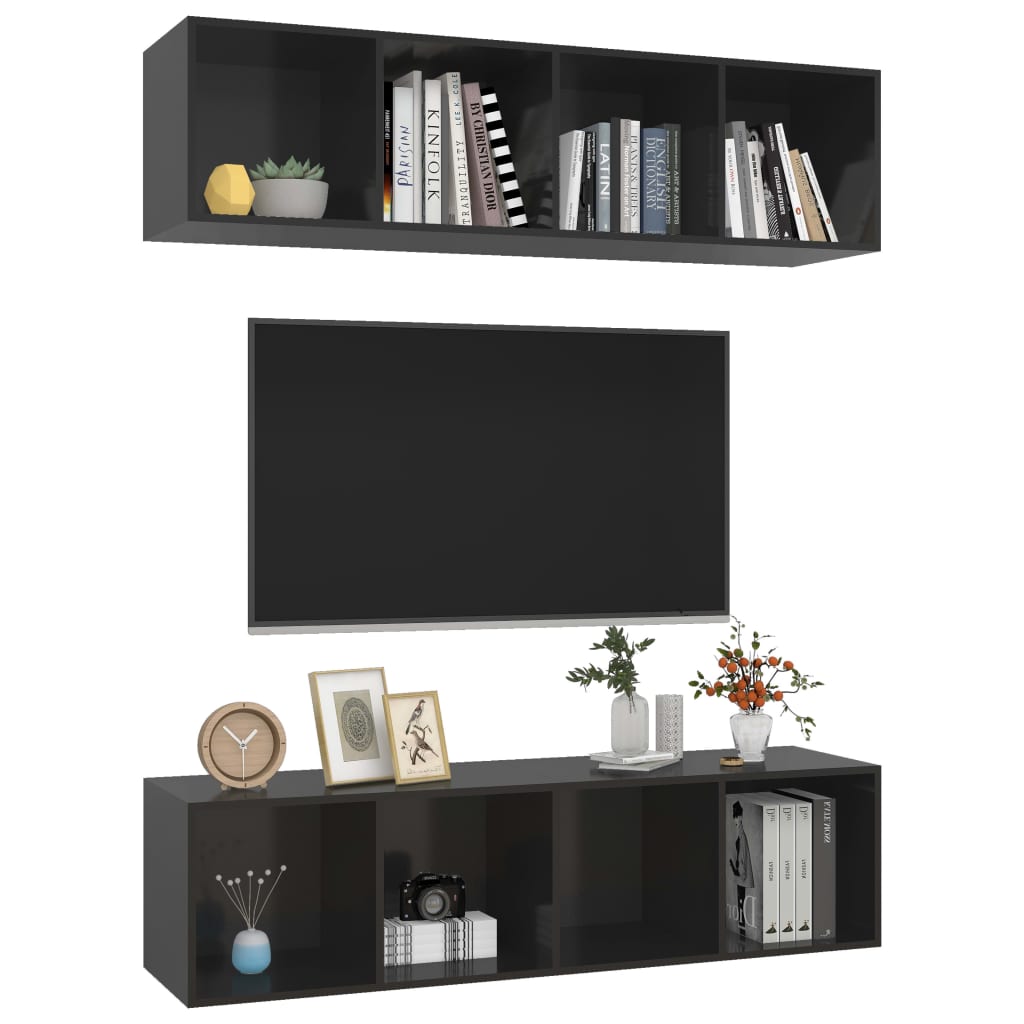 vidaXL Meubles TV muraux 2 pcs Noir brillant Bois d'ingénierie