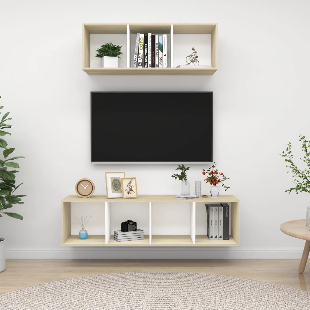 vidaXL 2-delige Tv-meubelset spaanplaat wit en sonoma eikenkleurig