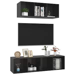 vidaXL 2 Piece TV Cabinet Set High Gloss Black Engineered Wood
