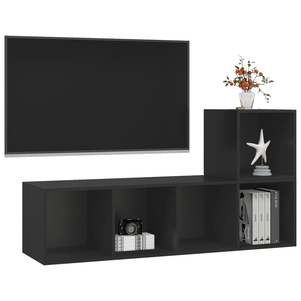 vidaXL Комплект ТВ шкафове от 2 части, черен, ПДЧ