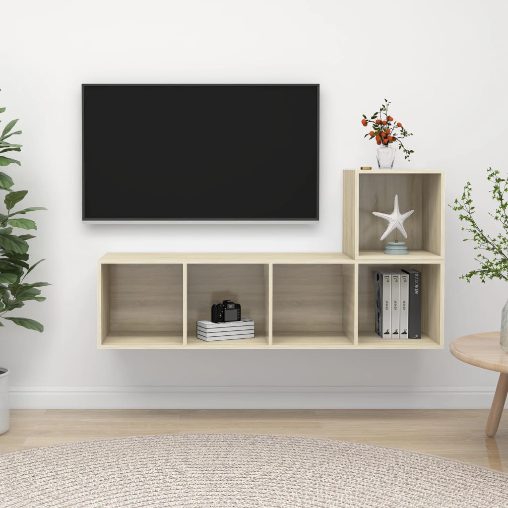 2-delige Tv-meubelset spaanplaat wit en sonoma eikenkleurig