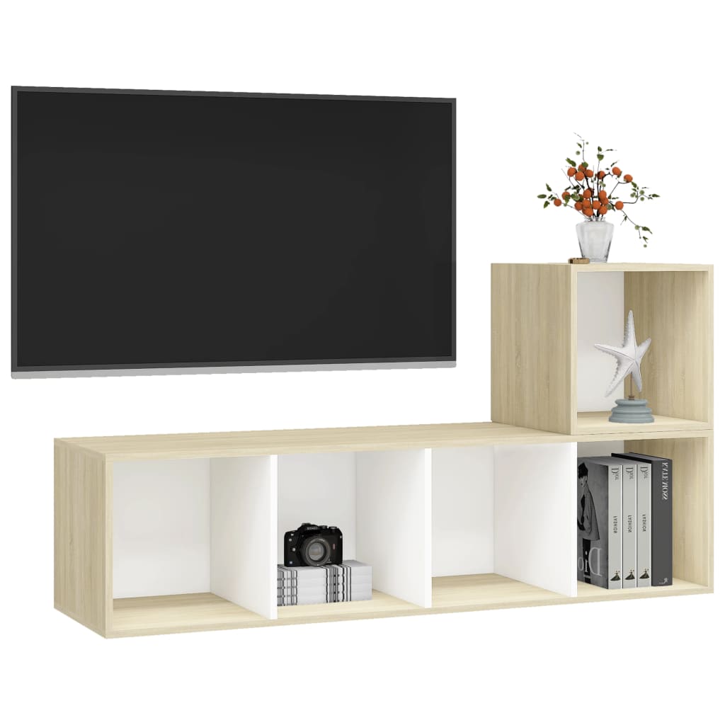 2-delige Tv-meubelset spaanplaat wit en sonoma eikenkleurig