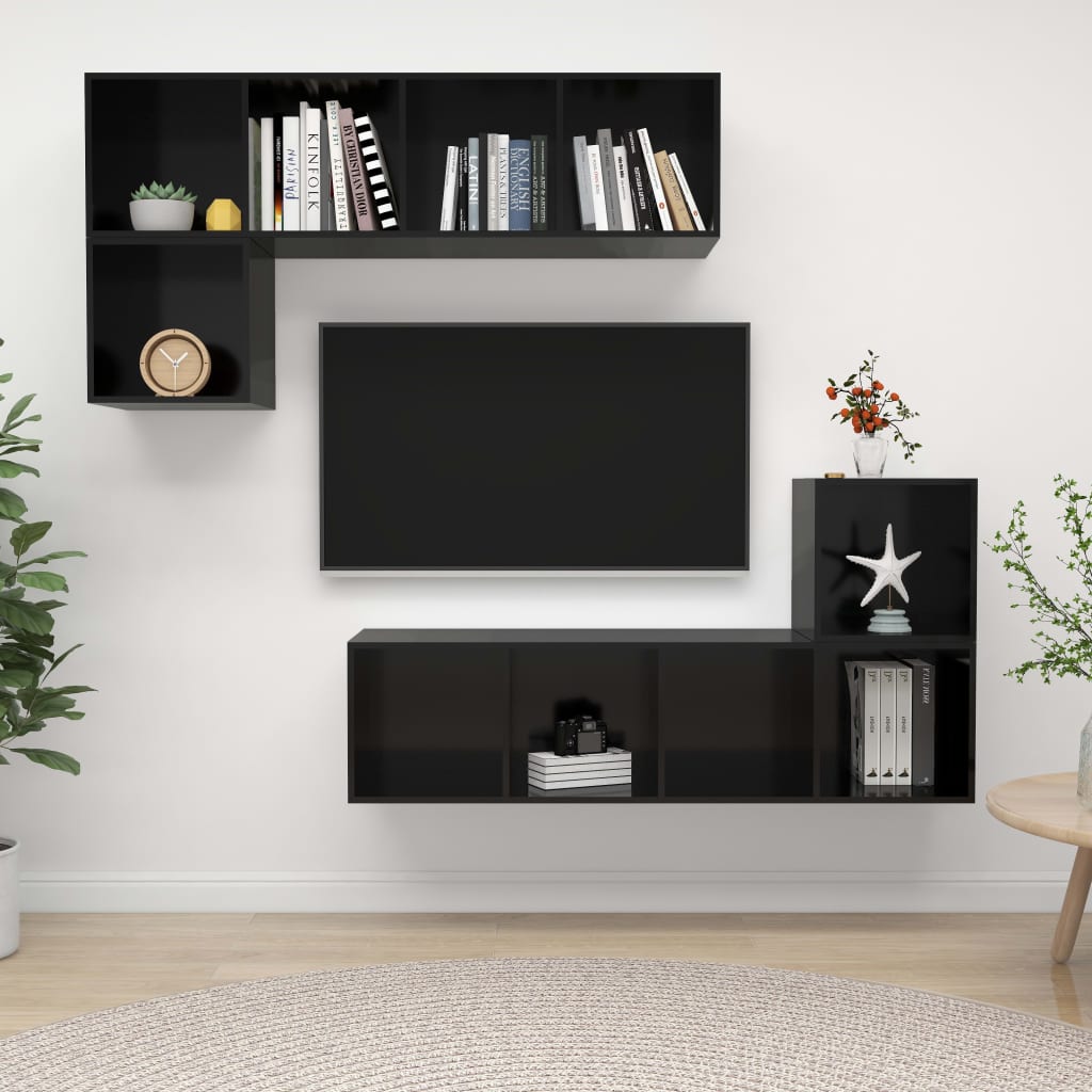 KALLAX – Ensemble de meuble TV mural en L 4 pcs 10 boxes Noir brillant | meublestv.fr
