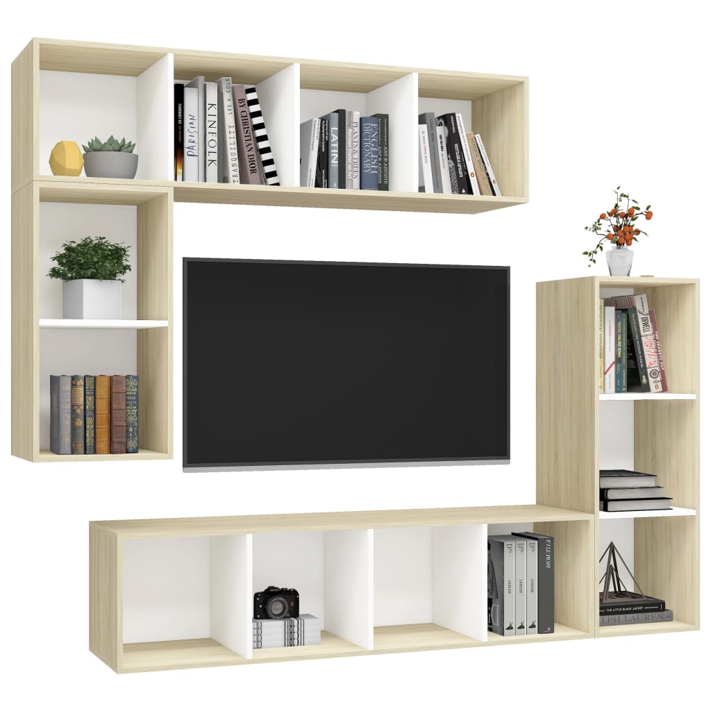 

vidaXL 4-delige Tv-meubelset spaanplaat wit en sonoma eikenkleurig