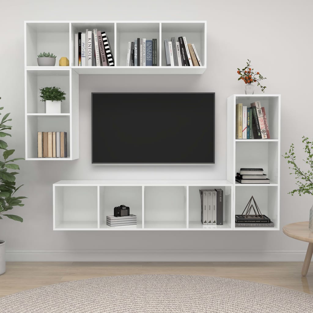 4-delige Tv-meubelset spaanplaat hoogglans wit