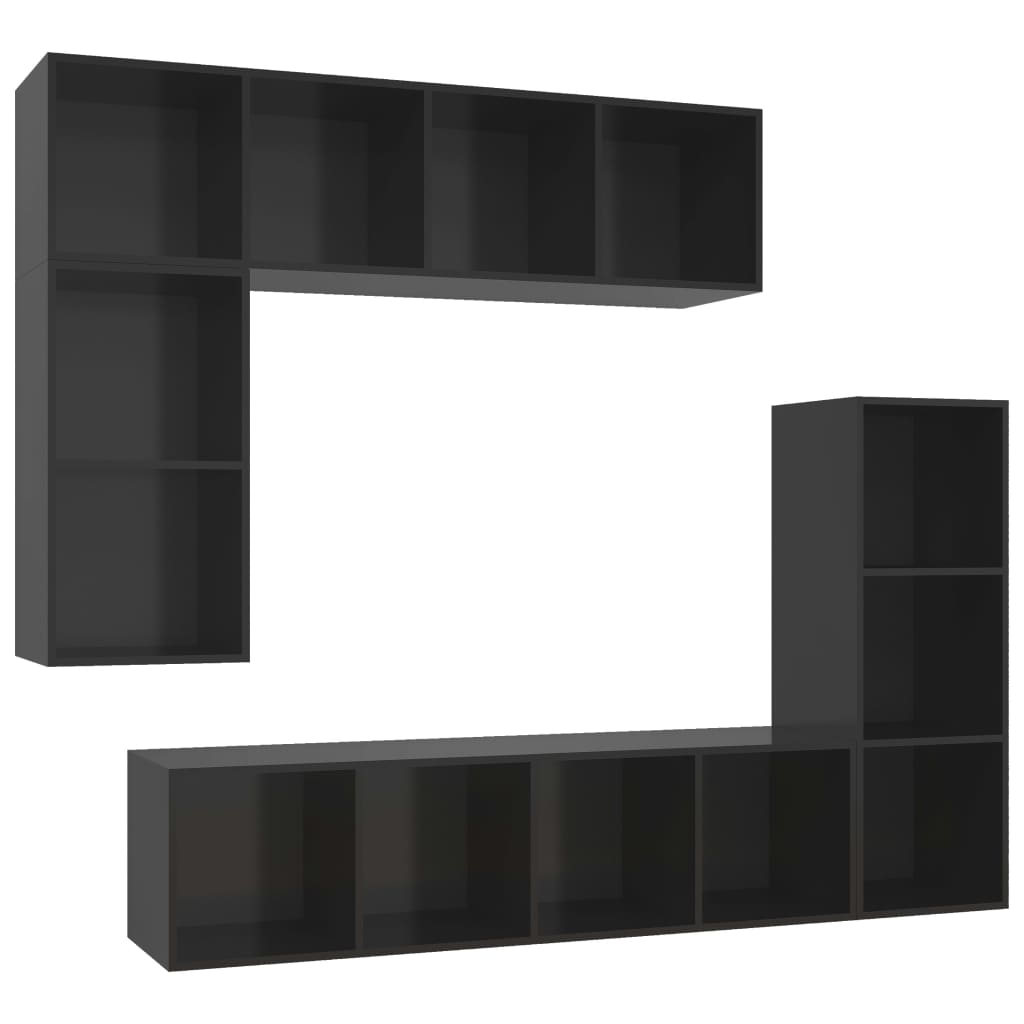 4 részes magasfényű fekete forgácslap TV-szekrény szett