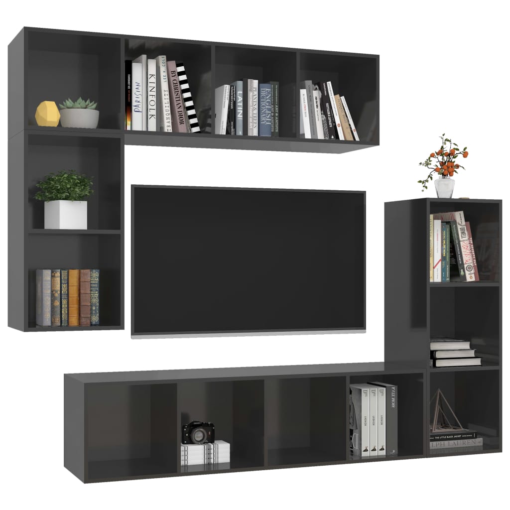 

vidaXL 4-delige Tv-meubelset spaanplaat hoogglans grijs