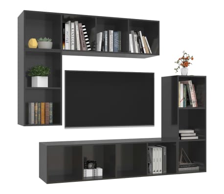 vidaXL 4-dijelni set TV ormarića visoki sjaj sivi konstruirano drvo