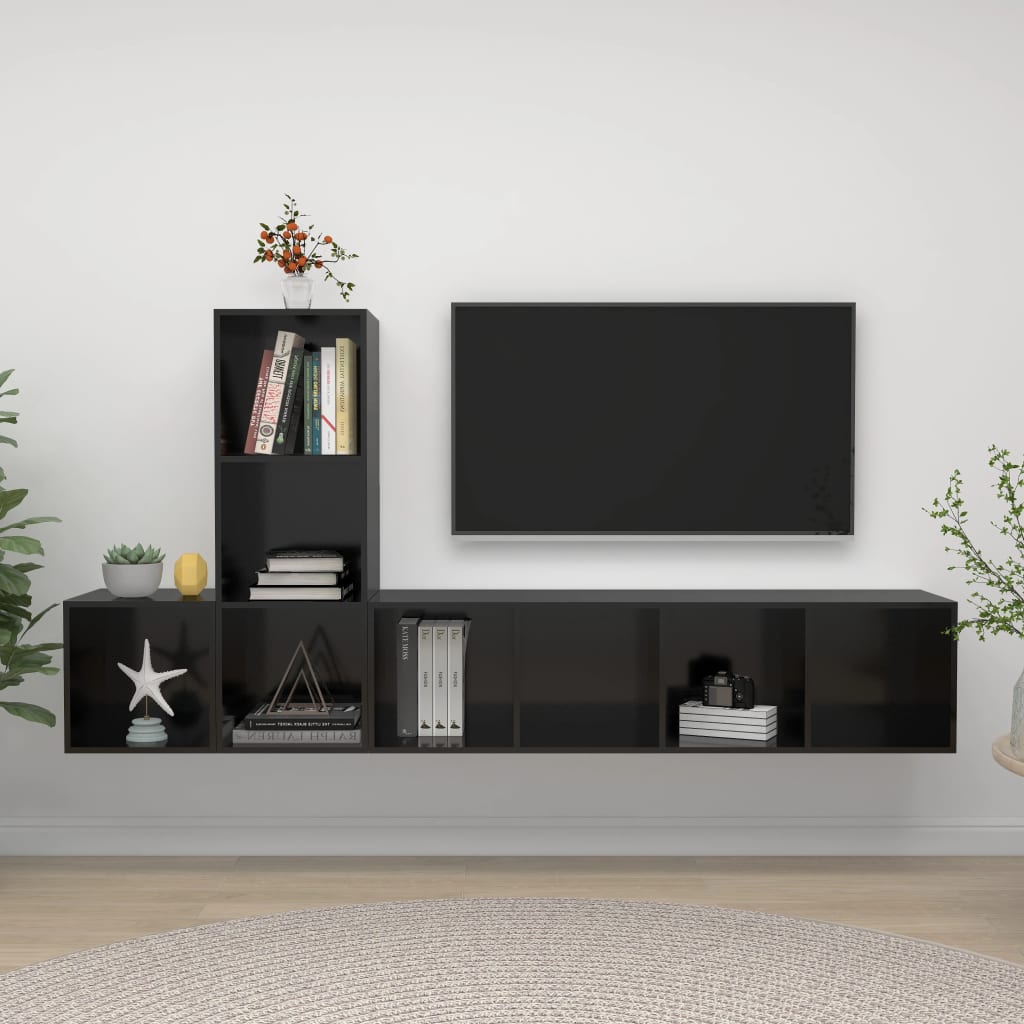 KALLAX – Ensemble de meuble TV mural gauche 3 pcs 8 boxes Noir brillant | meublestv.fr