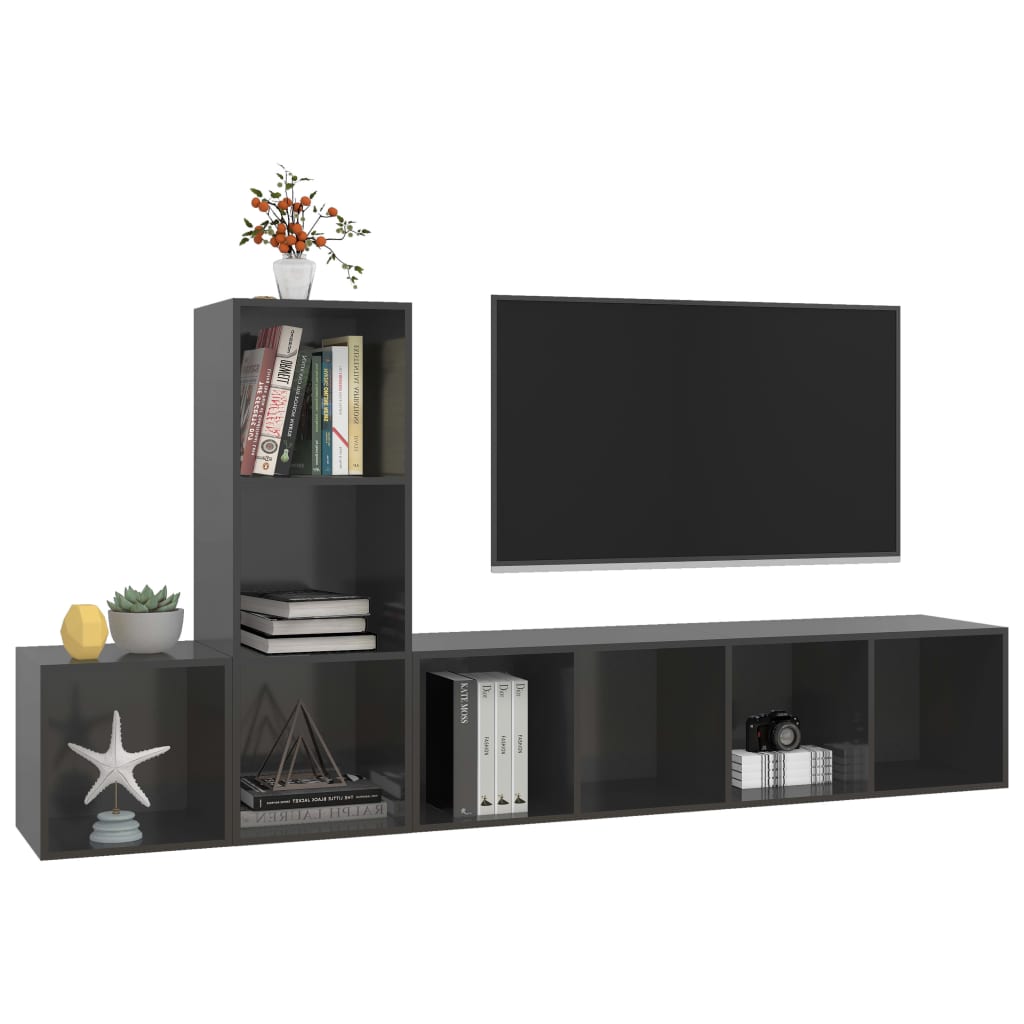 vidaXL 3 Piece TV Cabinet Set High Gloss Gray Chipboard