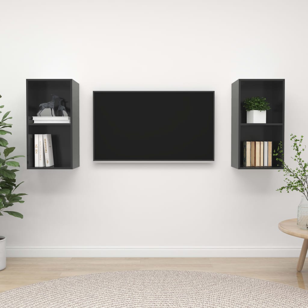 vidaXL Dulapuri TV suspendate, 2 buc., gri lucios, lemn prelucrat