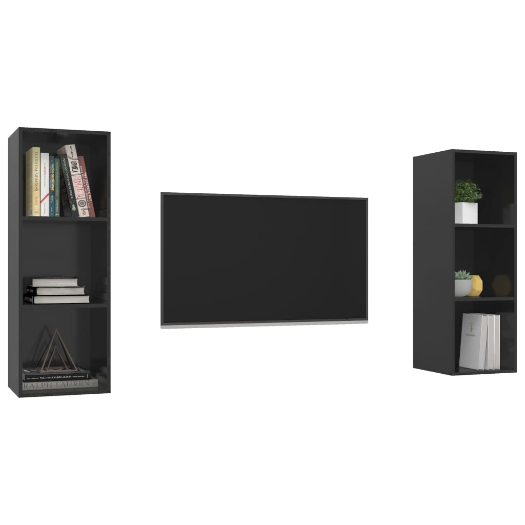 2 db magasfényű fekete forgácslap fali TV-szekrény
