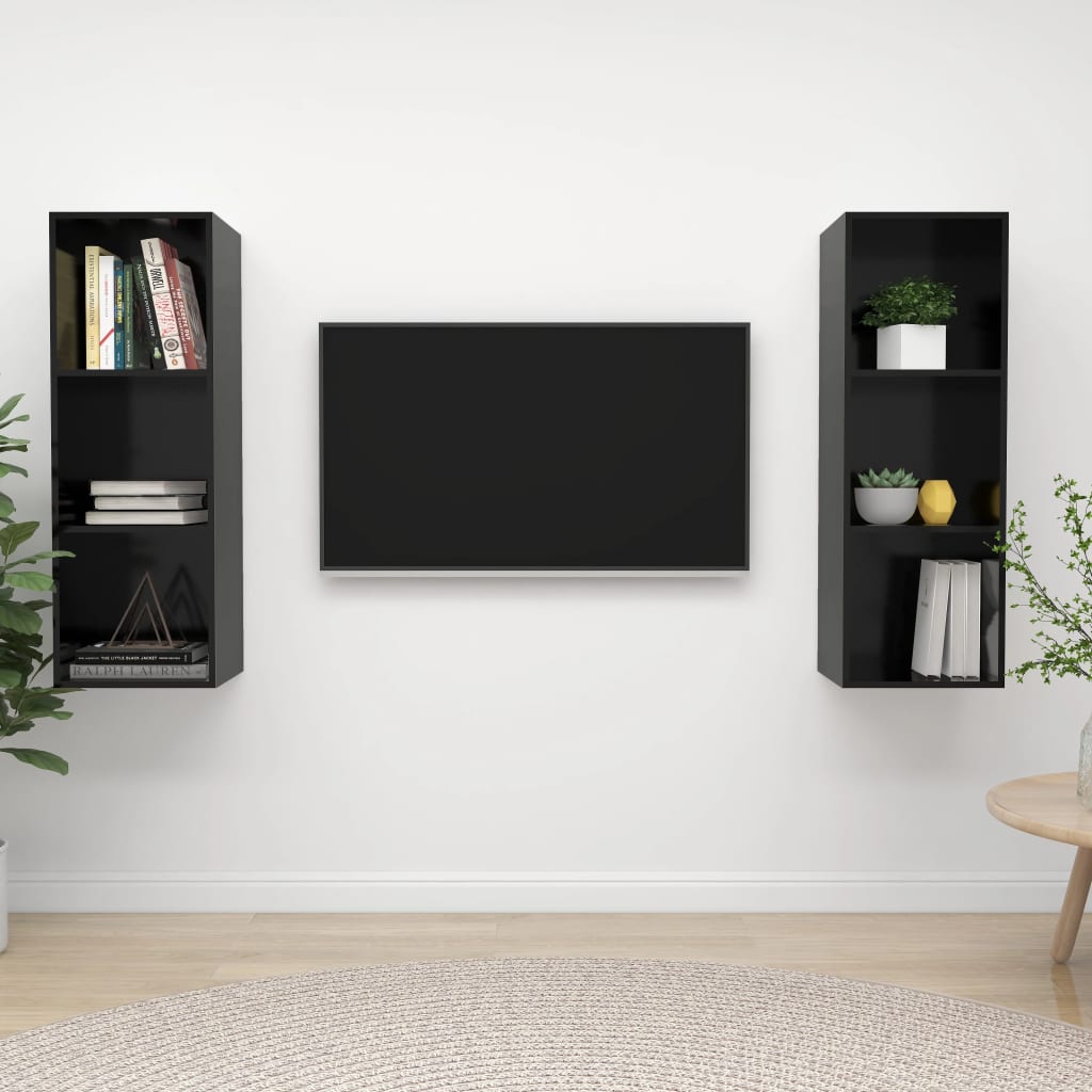 2 db magasfényű fekete forgácslap fali TV-szekrény