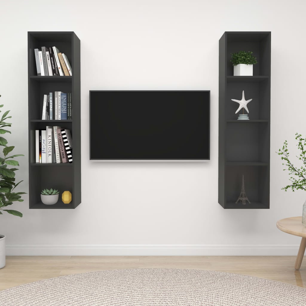2 db szürke forgácslap falra szerelhető TV-szekrény