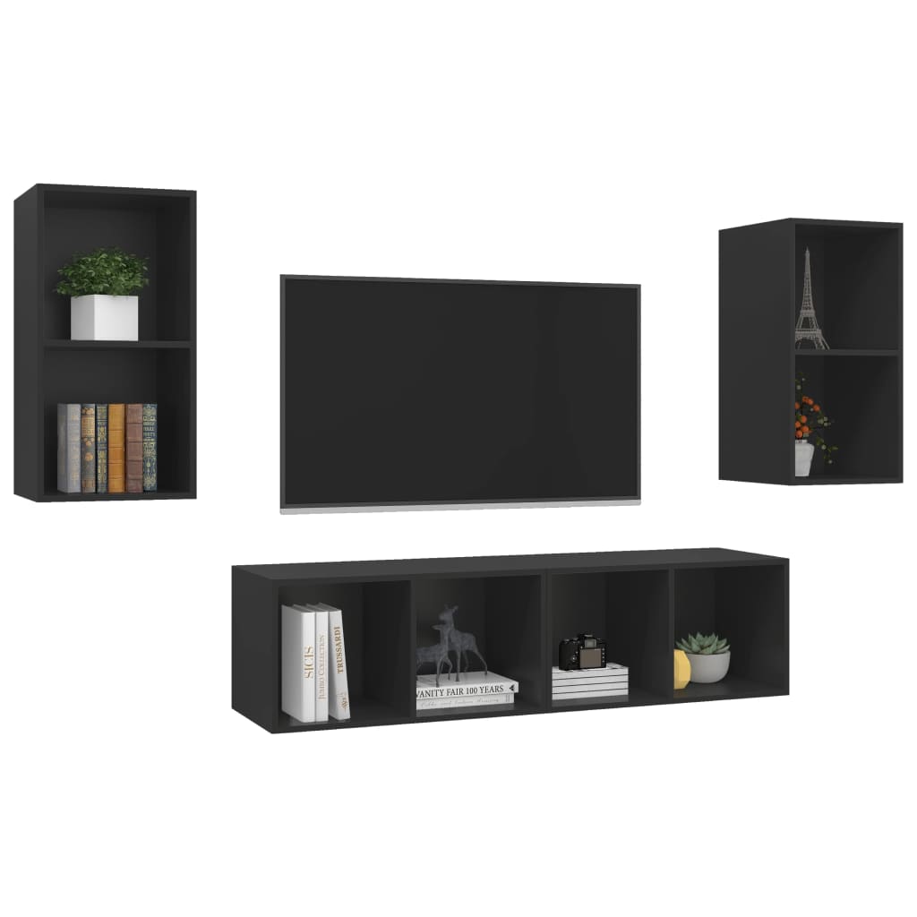 4 db fekete forgácslap falra szerelhető TV-szekrény