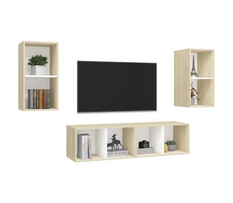 vidaXL Sieninės televizoriaus spintelės, 4vnt., baltos/ąžuolo, mediena