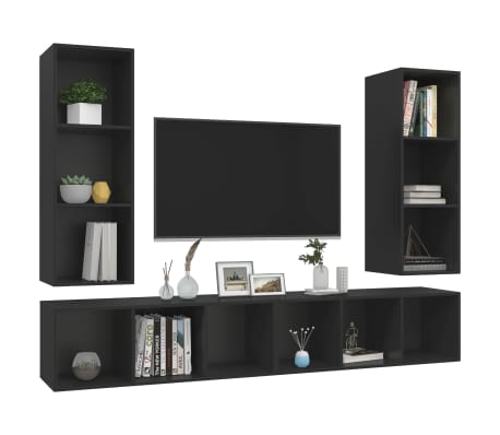 vidaXL Sieninės televizoriaus spintelės, 4vnt., juodos, MDP