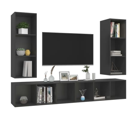 vidaXL ТВ шкафове за стенен монтаж, 4 бр, сиви, инженерно дърво