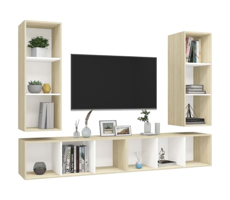 vidaXL Sieninės televizoriaus spintelės, 4vnt., baltos/ąžuolo, mediena