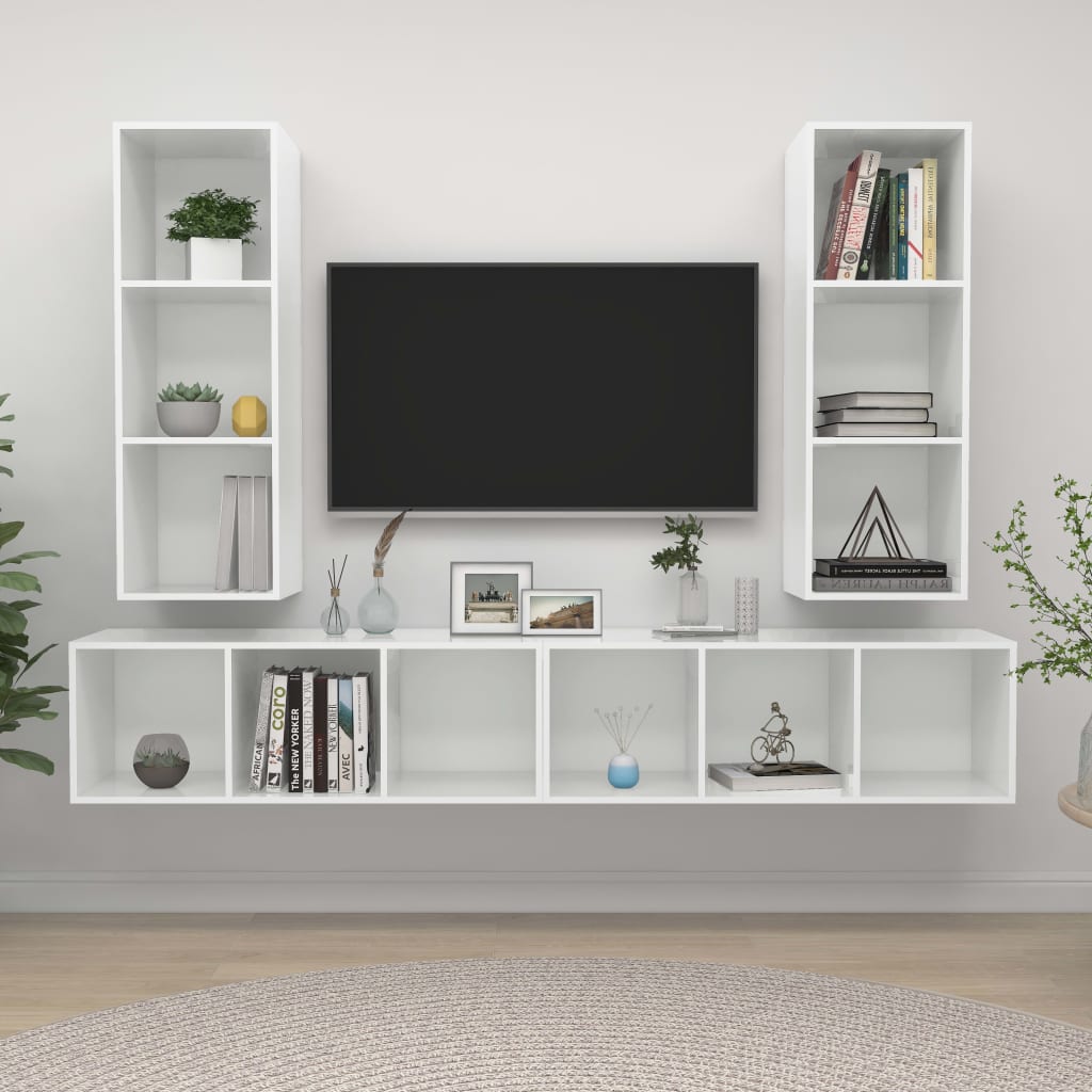 4 db magasfényű fehér forgácslap fali TV-szekrény