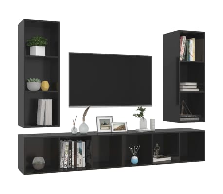 vidaXL Sieninės televizoriaus spintelės, 4vnt., juodos, mediena