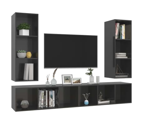 vidaXL Sieninės televizoriaus spintelės, 4vnt., pilkos, mediena
