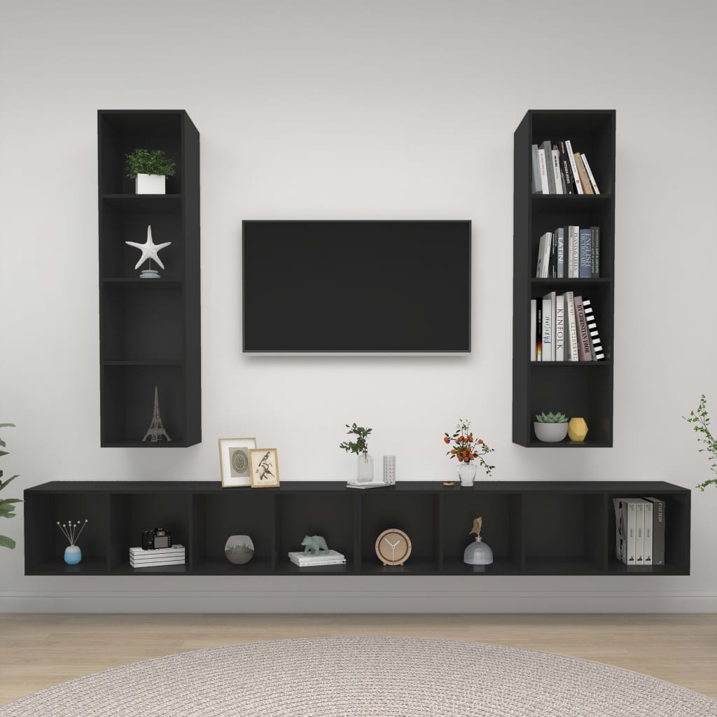 4 db fekete forgácslap falra szerelhető TV-szekrény