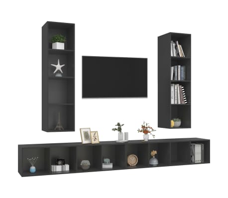vidaXL Sieninės televizoriaus spintelės, 4vnt., pilkos, mediena