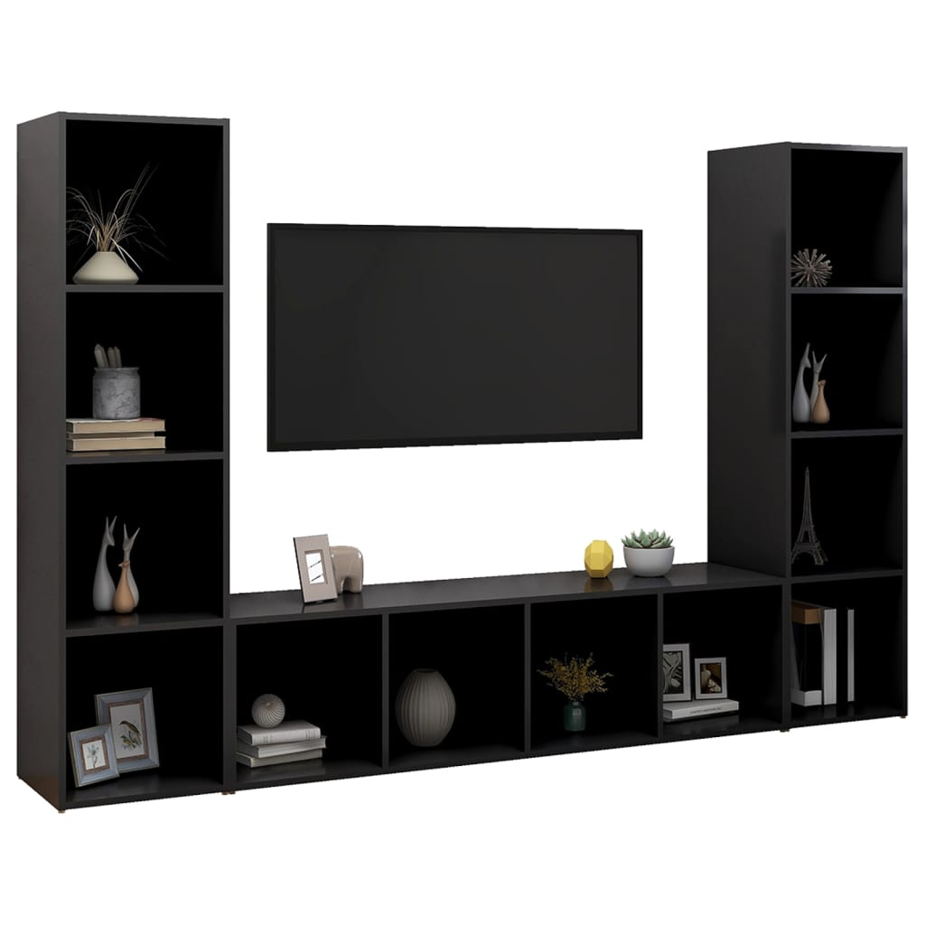 vidaXL Dulapuri TV, 3 buc., negru, 142,5x35x36,5 cm, lemn prelucrat