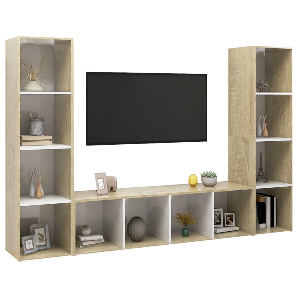 vidaXL Mobili TV 3 pz Bianco e Sonoma 142,5x35x36,5 Legno Multistrato