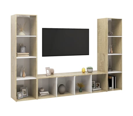 vidaXL Mobili TV 3 pz Bianco e Sonoma 142,5x35x36,5 Legno Multistrato