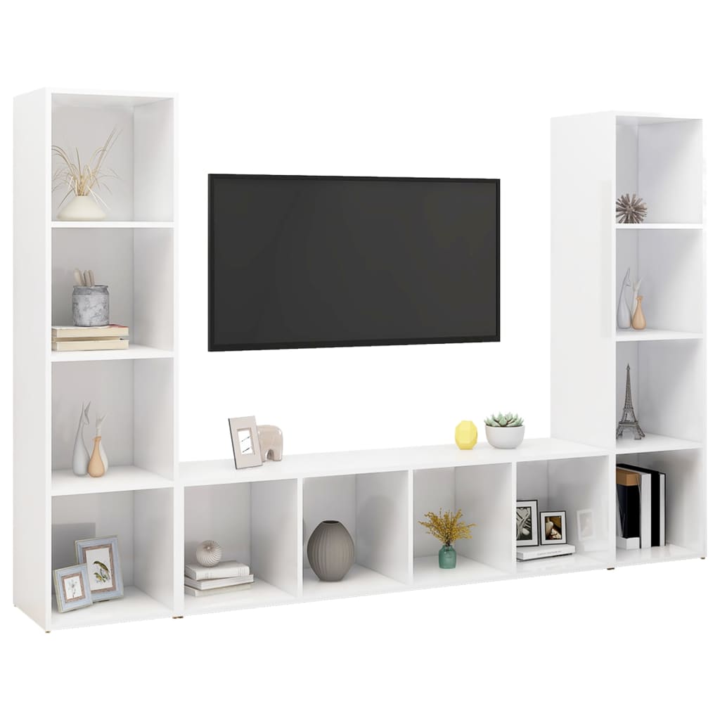 vidaXL TV-benker 3 stk høyglans hvit 142,5x35x36,5 cm sponplate