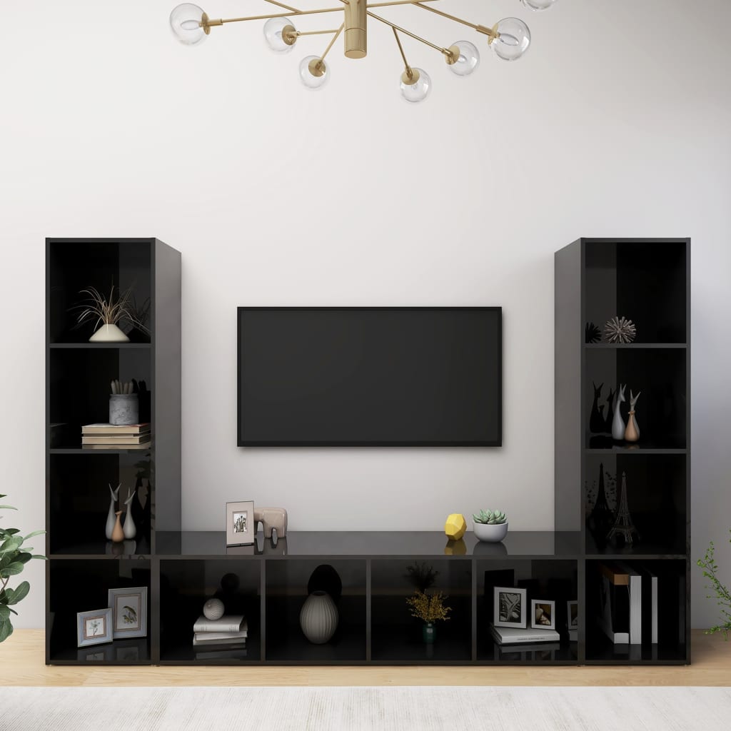 vidaXL Comode TV, 3 buc., negru extralucios, 142,5x35x36,5 cm, PAL vidaXL
