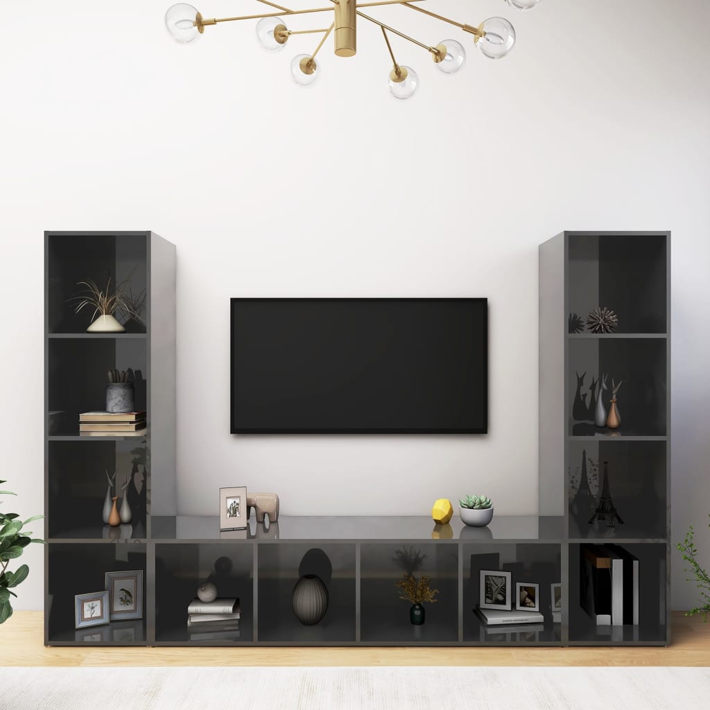 TV skříňky 3 ks šedé vysoký lesk 142,5x35x36,5 cm dřevotříska