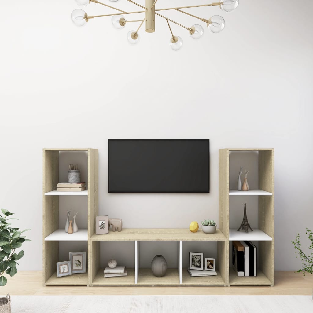 TV-Schränke 3 Stk. Weiß Sonoma-Eiche 107x35x37 cm Holzwerkstoff | Stepinfit