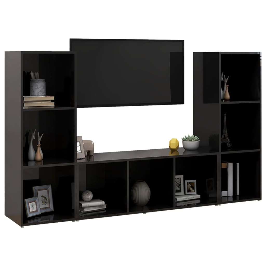 vidaXL TV Stands 3 Pcs High Gloss Black 42.1"x13.8"x14.6" Engineered Wood