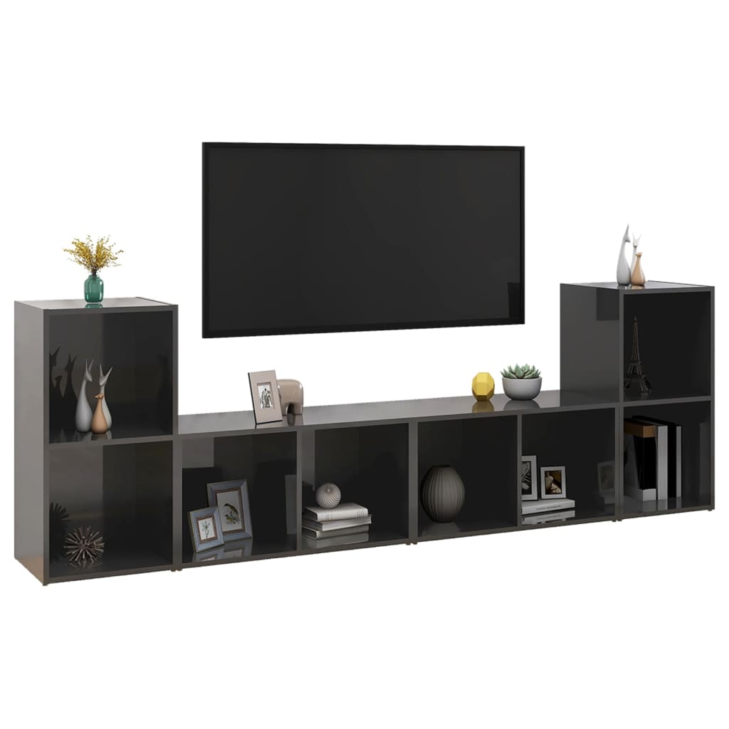 vidaXL TV Cabinets 4 pcs High Gloss Gray 28.3"x13.8"x14.4" Chipboard