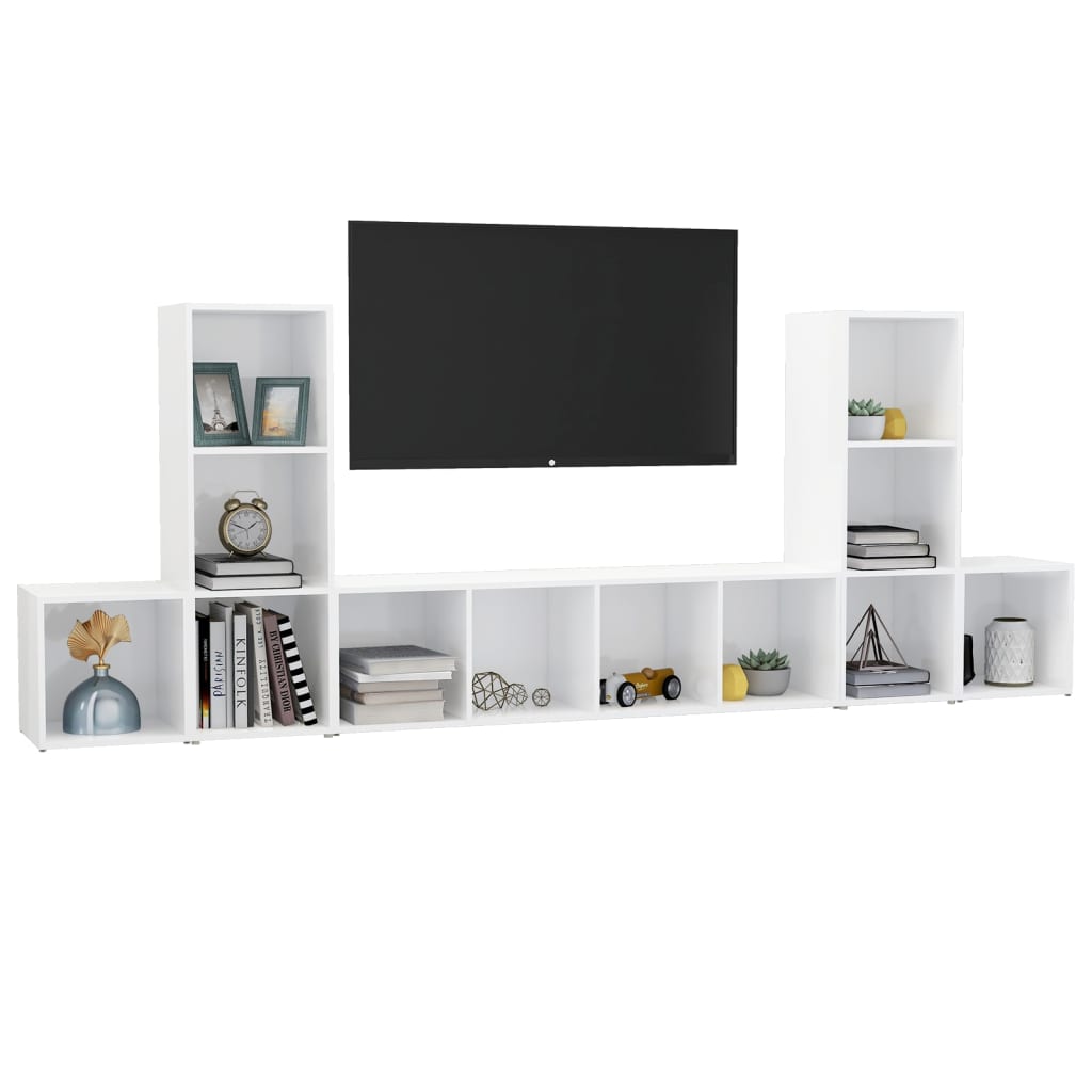 vidaXL 5-daļīgs TV plauktu komplekts, spīdīgi balts, skaidu plāksne