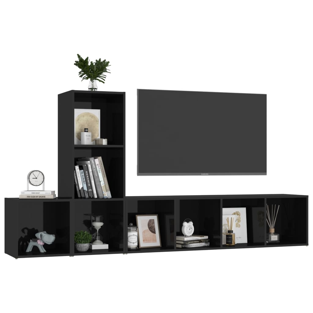 vidaXL 3 Piece TV Stand Set High Gloss Black Engineered Wood