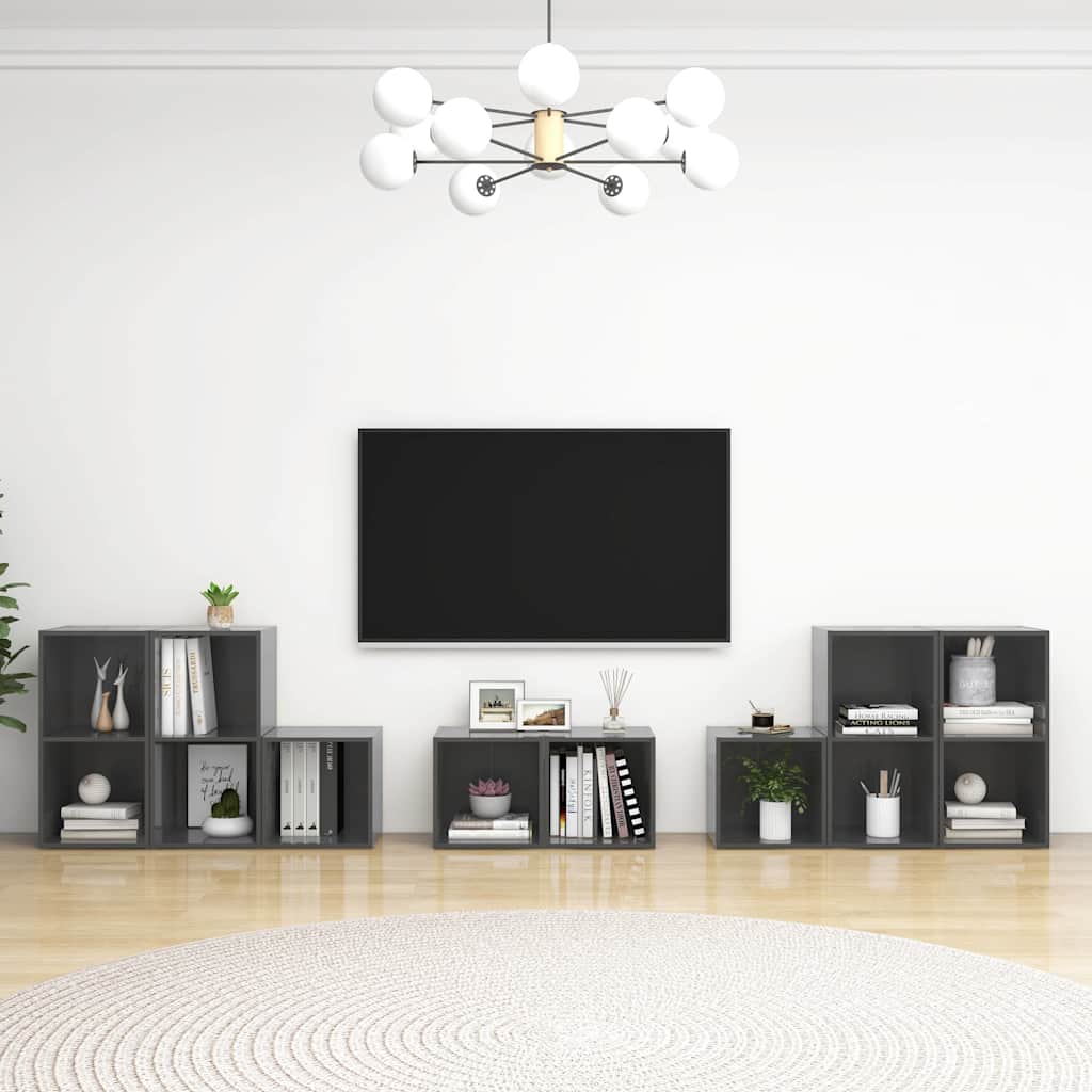 vidaXL 8-cz. zestaw szafek TV, wysoki po�ysk, szary, p�yta wi�rowa