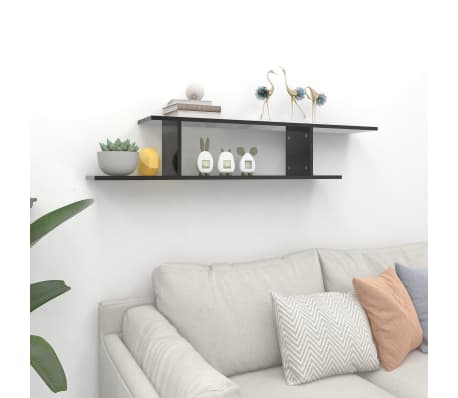 vidaXL Ράφι Τηλεόρασης Επιτοίχιο Γυαλ. Μαύρο 125x18x23 εκ. Επεξ. Ξύλο